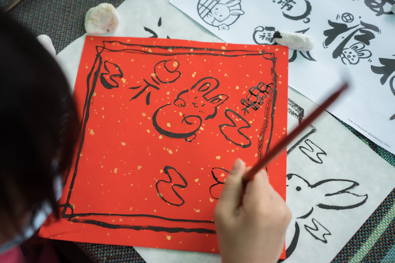A child painting on red paper with a calligraphy brush