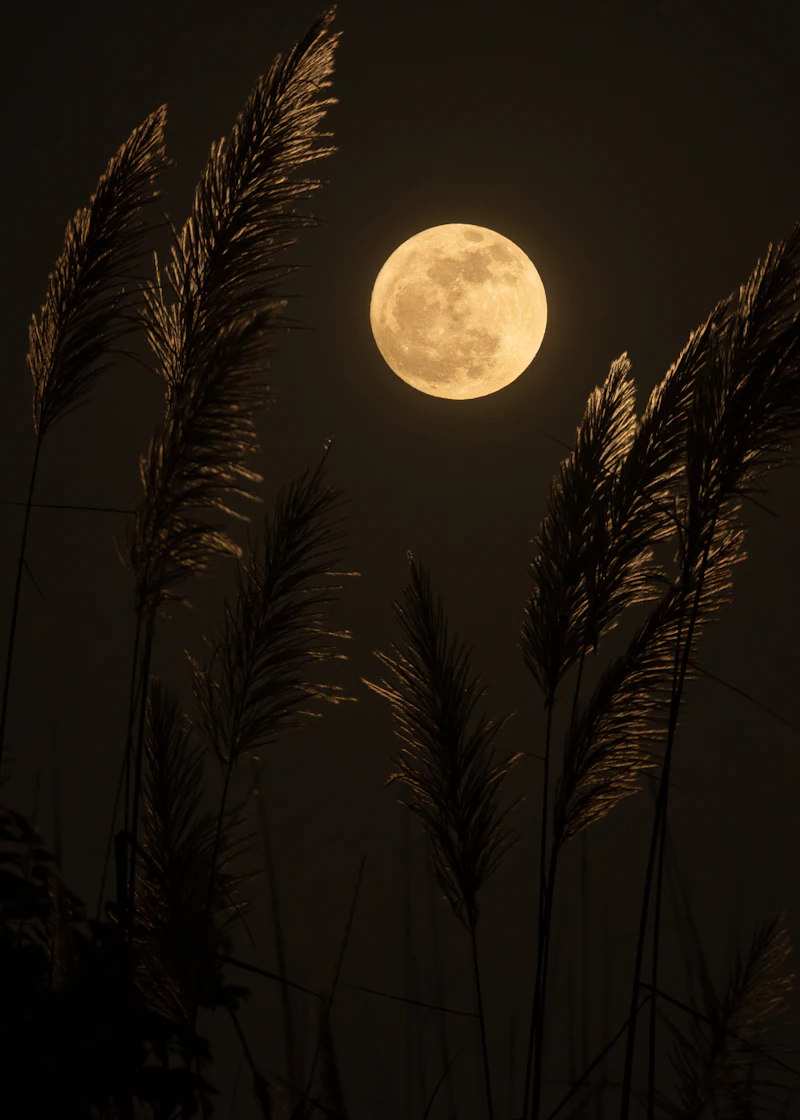 A full moon behind tall reeds