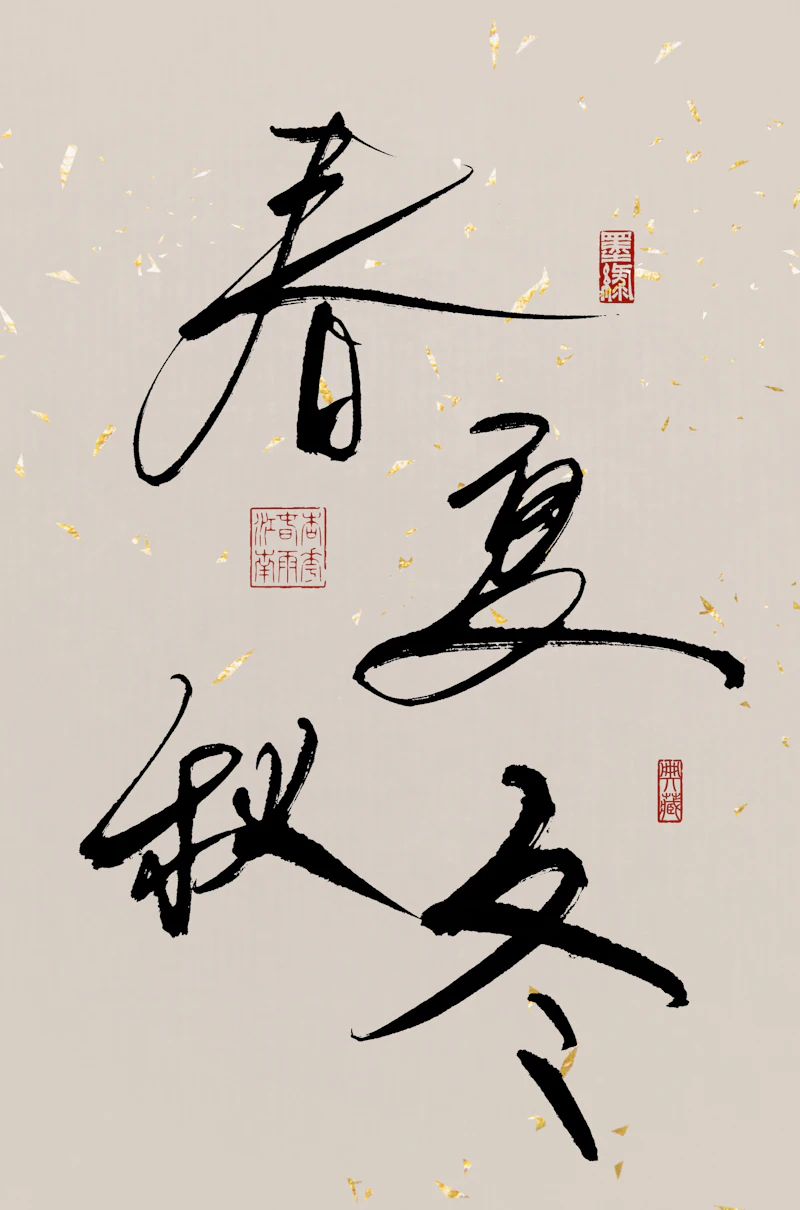Brush calligraphy of 春夏秋冬, spring, summer, autumn and winter
