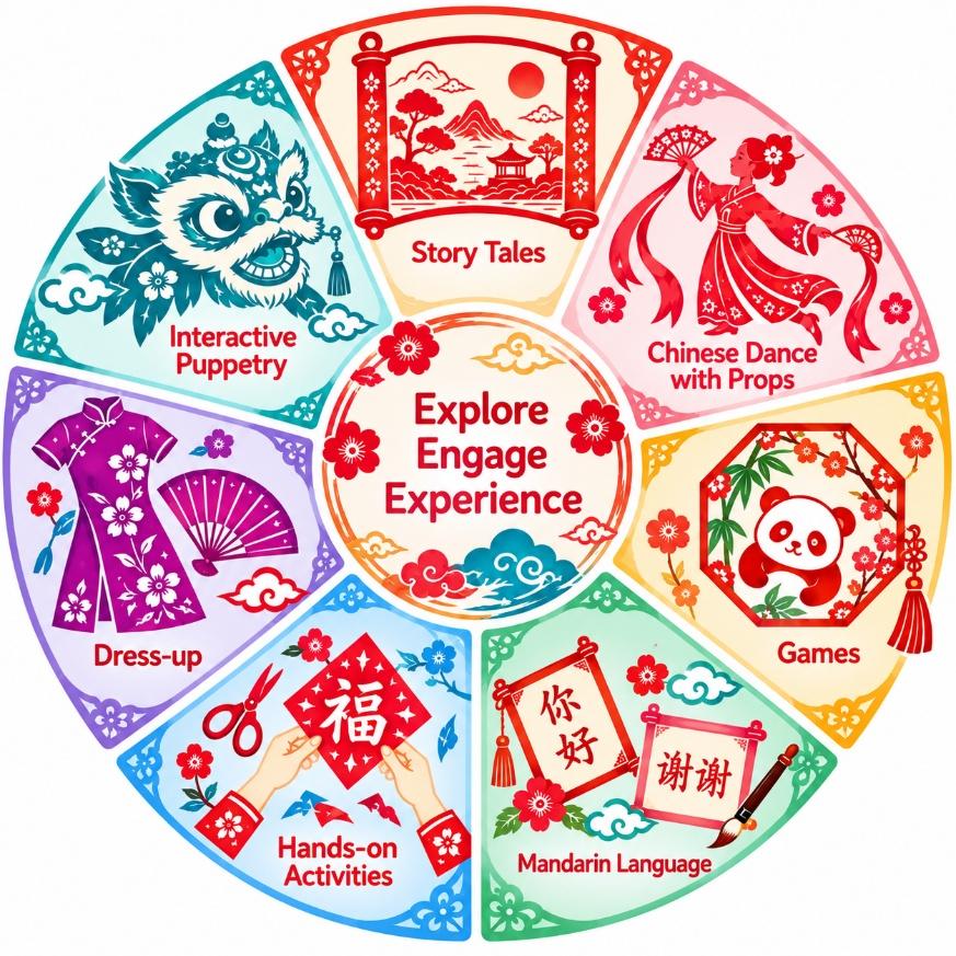 An illustrated wheel of seven activities around the words Explore, Engage, Experience: story tales, Chinese dance with props, games, Mandarin language, hands-on activities, dress-up and interactive puppetry.